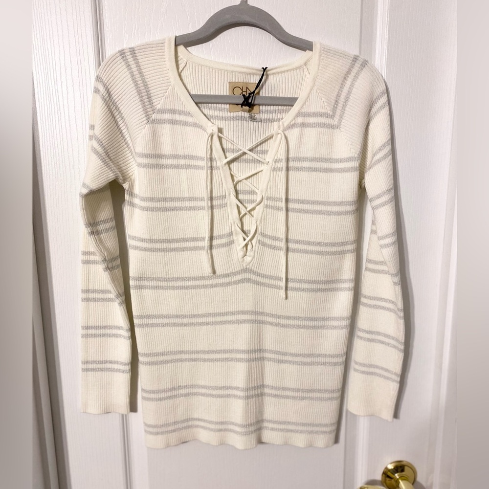 Chaser Metallic Stripe Lace-up Crewneck Sweater White Silver Size Small
